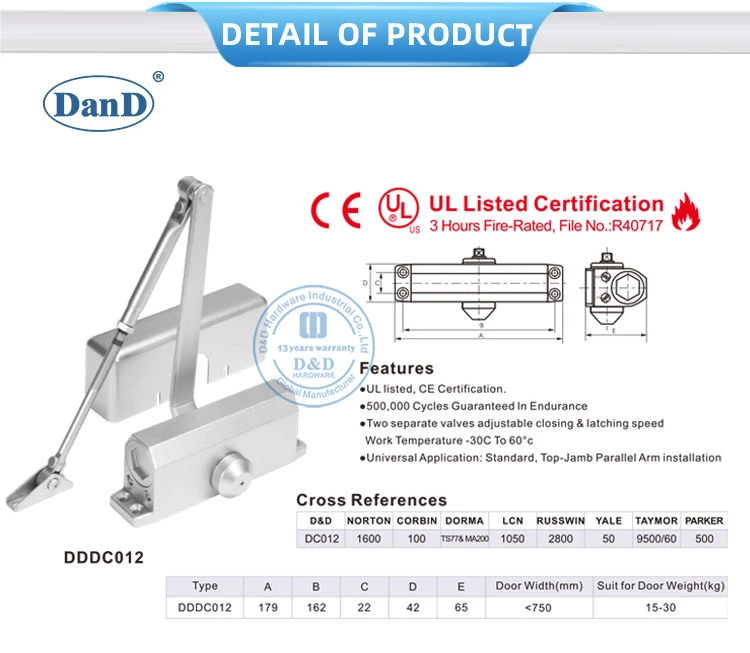 UL Listed -30&ordm; C to 60&ordm; C Aluminium Alloy Door Closer Accessories